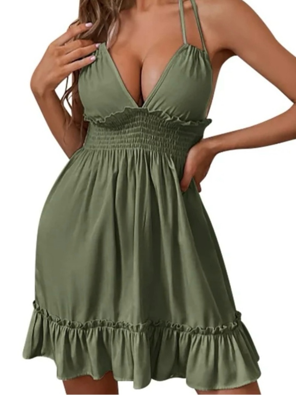 Smocked Halter Mini Dress in Olive Army Green